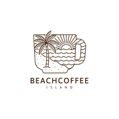 Beach and mug illustration monoline or line art style, beach, sea, coconut trees, sun vector design illustration
