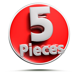 Price tag says 5 pieces 3D illustration on white background with clipping path.