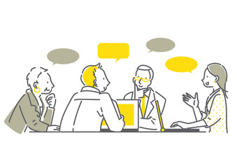 男女4人のビジネスチームのミーティング　シンプルでお洒落な線画イラスト