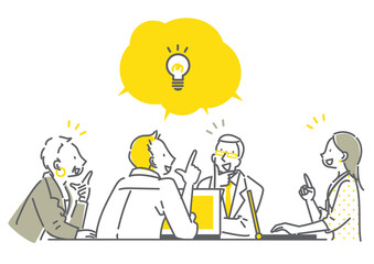 男女4人のビジネスチームのミーティング　シンプルでお洒落な線画イラスト　アイデア