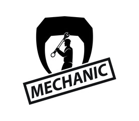mechanical logo, gear shield and wrench, simple trendy, for company and website