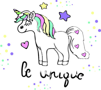 beautiful unicorn, vector, lettering be unique, childrens theme