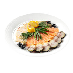 Banquet assorted smoked fish platter on wooden background