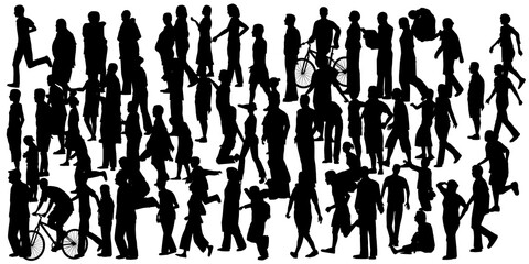 Set with silhouette of a crowd of people standing in different poses isolated on a white background. Vector illustration