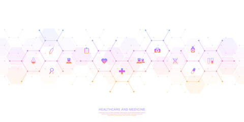 Medical background and healthcare technology with flat icons and symbols. Design template of concept and idea for health care business, innovation medicine, health safety, science. Vector illustration