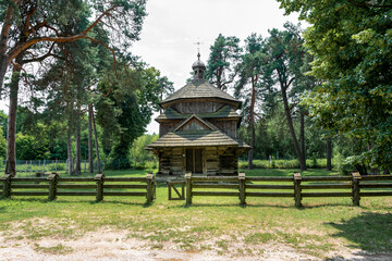 Wooden Greek Catholic Church of St. Bazyli in Belzec, build in 1756, situated on former cemetery, surrounded by old trees. Belzec, Roztocze, Poland