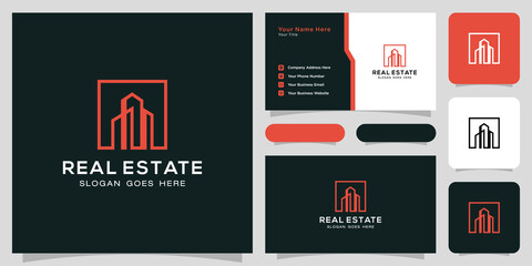Building logo with line art style. city building abstract for logo design inspiration and business card design