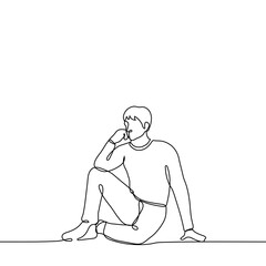 man sits on the floor propping his cheek - one line drawing. concept of thinking, brainstorming, loneliness, idleness, procrastination, frustration, loss of energy
