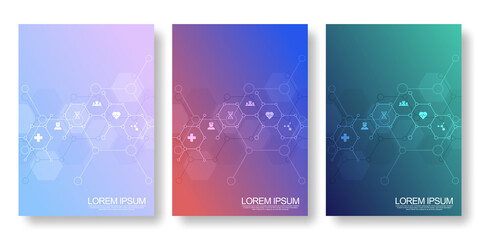 Template brochure or cover book, page layout, flyer design. Concept and idea for health care business, innovation medicine, pharmacy, technology. Medical background with flat icons and symbols