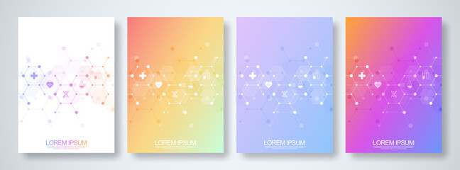 Set of template brochure or cover book, page layout, flyer design. Concept and idea for health care business, innovation medicine, pharmacy, technology. Medical background with flat icons and symbols