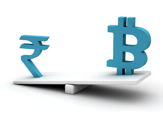 Obraz premium 3d illustration of indian rupee and bitcoin on scale board