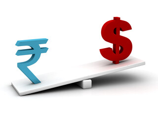 India rupee and dollar sign on the balance bar, 3D rendering