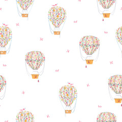 Fototapety  Beautiful vector seamless pattern with cute watercolor hand drawn air baloons with gentle flowers. Stock illustration.