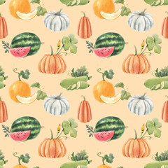 Beautiful vector seamless pattern with cute watercolor hand drawn melon watermelon and pumpkin vegetables. Stock illustration.