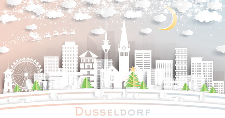 Dusseldorf Germany City Skyline in Paper Cut Style with Snowflakes, Moon and Neon Garland.
