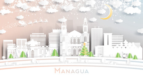 Managua Nicaragua City Skyline in Paper Cut Style with Snowflakes, Moon and Neon Garland.