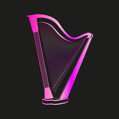 Vector harp silhouette isolated on black background.