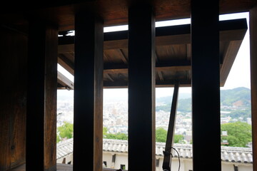 City View from Wooden Lattice window of Matsuyama Castle in Ehime, Japan - 日本 愛媛 松山城 城内 窓からの景色