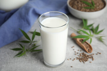 Hemp milk, seeds and fresh leaves on light grey table