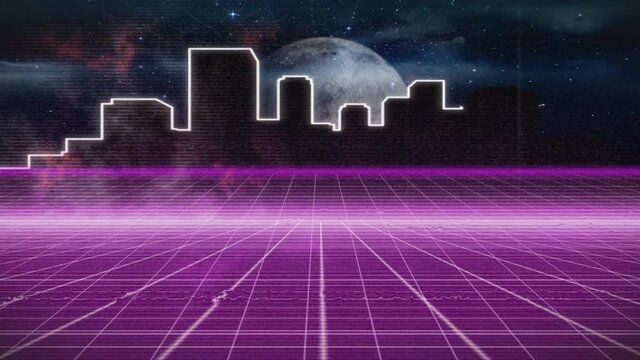 Animation of night cityscape over moving purple grid