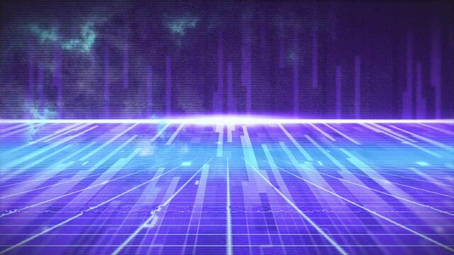 Animation of glowing blue stripes and moving colorful grid