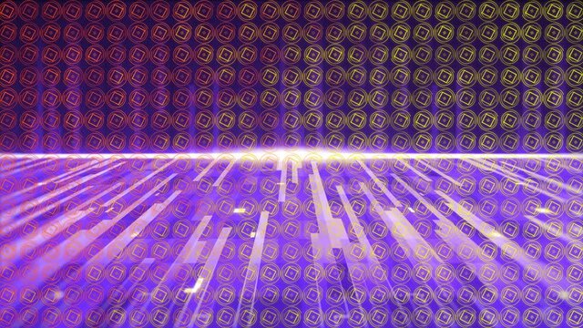 Animation of yellow shapes over glowing purple stripes and moving colorful grid