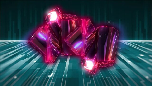 Animation of pink glowing 3d shapes over glowing stripes and moving colorful grid