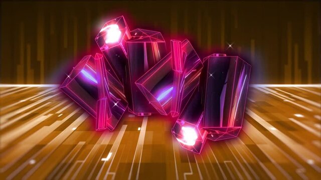 Animation of pink glowing 3d shapes over glowing orange stripes and moving colorful grid