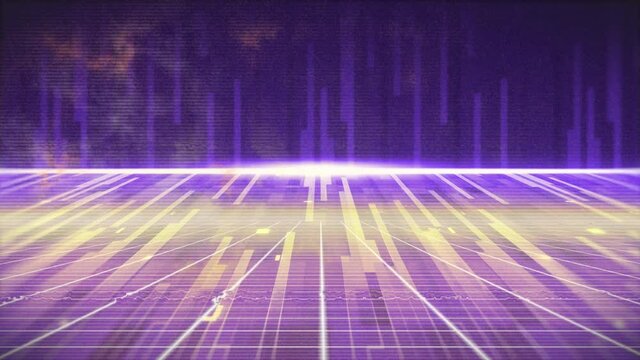 Animation of glowing purple stripes and moving colorful grid