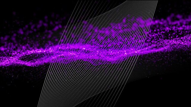 Animation of floating purple liquid over white parallel curved lines, moving on black