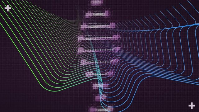 Animation of digital dna strand rotating over green and blue curved parallel lines, on black