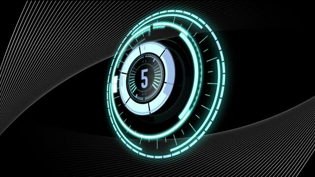 Animation of circular scanner with countdown over white parallel curved lines, moving on black