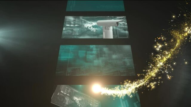 Animation of sparkling gold firework over data processing on cascade of interface screens