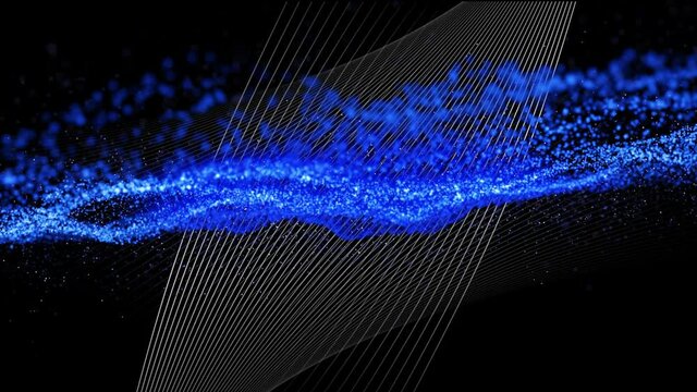 Animation of floating blue particles over parallel white curved lines, moving on black