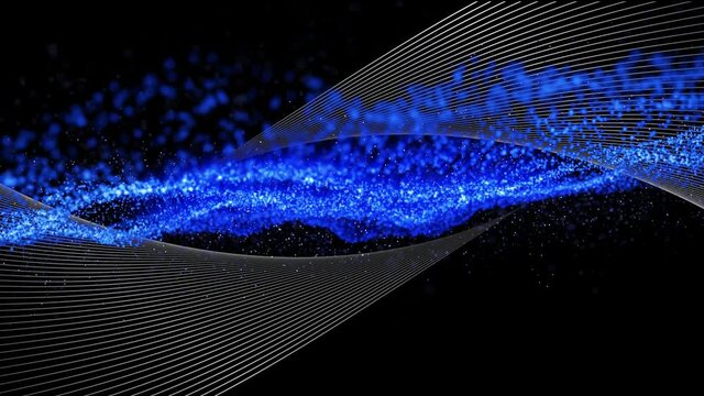 Animation of floating blue particles over parallel white curved lines, moving on black