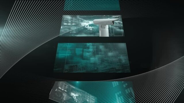 Animation of parallel white curved lines moving over data processing on cascade of interface screens