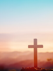 Cross on mountain in the morning natural background. - 445683759