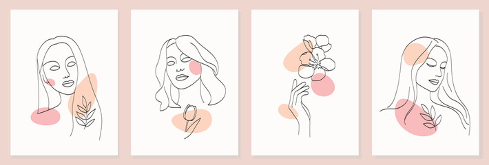 A set of various abstract faces and shapes with flowers. Portrait of a woman in a fashionable minimalism style, outline with a black line. Vector for a poster, cover, flyer or wall decor.