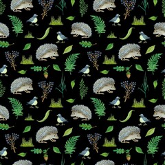 Forest seamless pattern with hedgehogs, birds, ferns and berries on black background 
