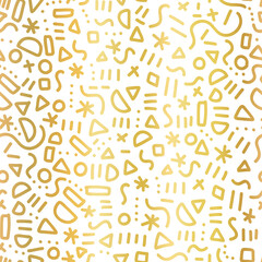 Gold foil doodle pattern seamless vector repeat. Metallic golden cute simple Memphis style repeating background with hand drawn elements. Elegant line art backdrop for wallpaper, wrapping, packaging.