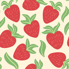 Fototapeta na wymiar Cute seamless pattern with hand drawn red bright juicy strawberries, leaves in simple, childish, Scandinavian style on white backdrop. Vector background design, textile, wrapping paper.