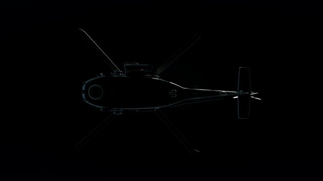 Animation of the helicopter bottom view on a black background. Realistic 3d animation alfa channel footage.