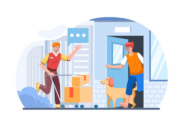 Delivery man pushes hand truck trolley full of cardboard boxes hands package to a customer.