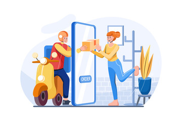 Women receive a package appear from screen phone by courier at home