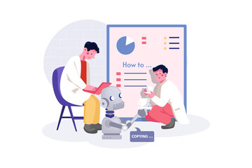 Teacher giving lecture to robots Illustration concept. Flat illustration isolated on white background.