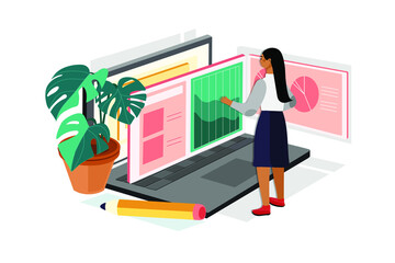 Female Accountant Working On Laptop Illustration Concept. Flat illustration isolated on white background.