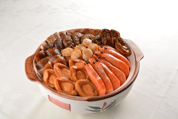 stewed braised luxury Peng cai with mixed seafood tiger prawn, scallop, abalone, duck and pork...