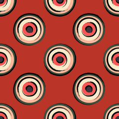 Round eye. Seamless modern pattern with colored circles. Printing on trendy fabrics, decorative pillows, textiles, wrapping paper. Vector graphics.