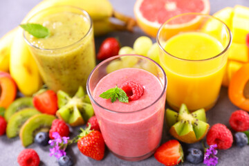 glasses of fruit smoothie- fruit juice- drinking glass