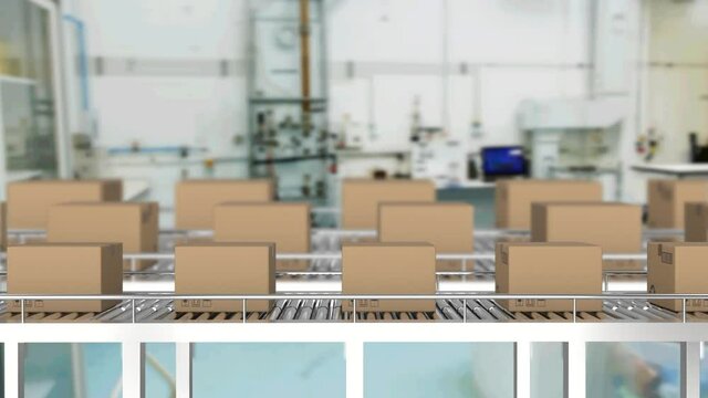 Animation of cardboard boxes moving on conveyor belts in warehouse
